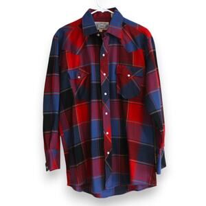 Mens Vintage Authentic Western Wear Red Blue Plaid Pearl Snap Shirt Size 16